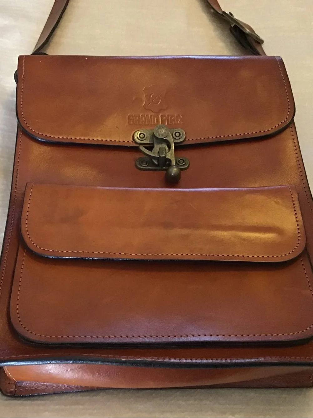 Genuine Leather Tan Messenger Bag with Front Pocket